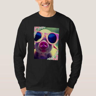 T-shirt Fleurs à l'aquarelle et cochon portant des lunette