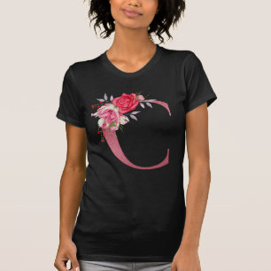 T-shirt Fleurs Aquarelle Monogramme Alphabet Or Rose C