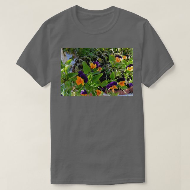 T-shirt Fleurs avec pétales orange et violet en pots (Design devant)