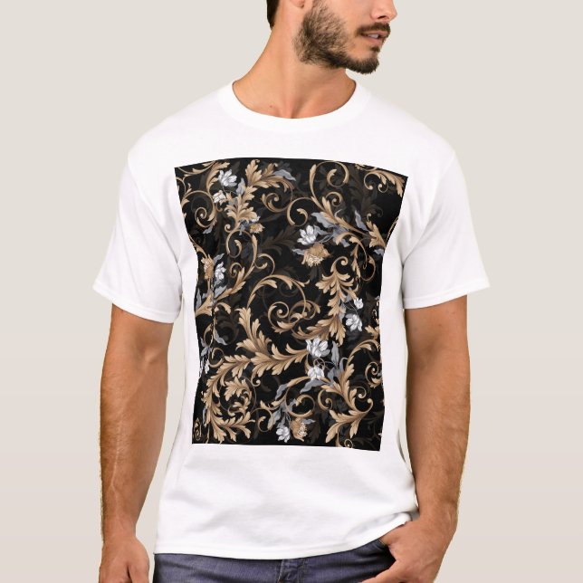 T-shirt Fleurs baroques classiques : arrière - plan noir. (Devant)