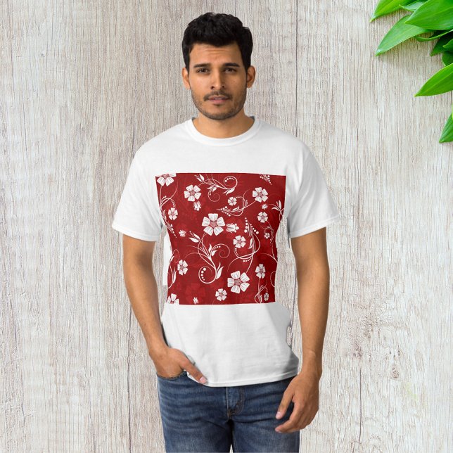 T-shirt Fleurs blanches Arrière - plan rouge (Créateur téléchargé)