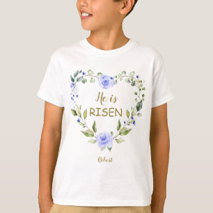 T-shirt Fleurs bleues Il est ressuscité Bonne Typographie 