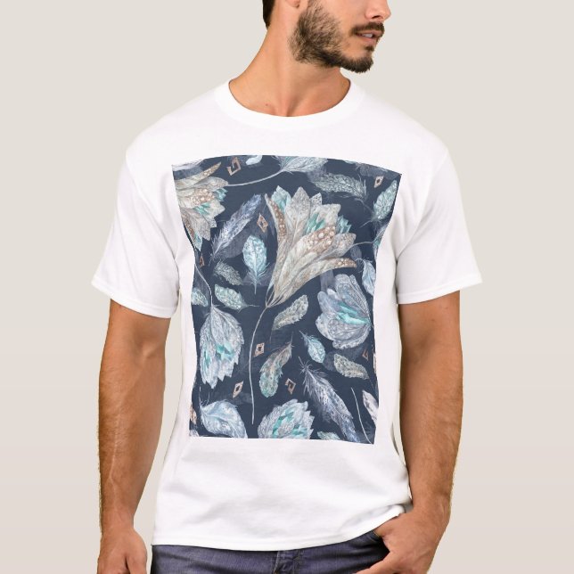 T-shirt Fleurs Boho Chic : Aquarelle bleu foncé P (Devant)