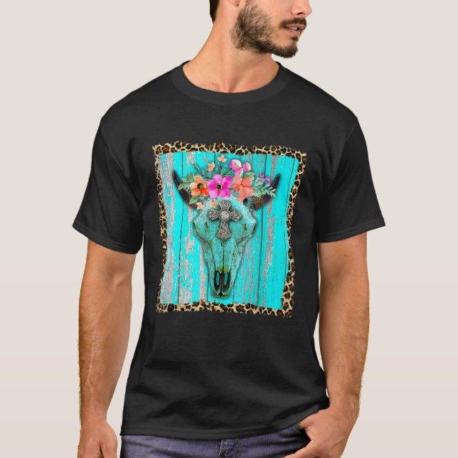 T-shirt Fleurs Boho Occidentales Crâne de Taureau Vache Tu (Devant)
