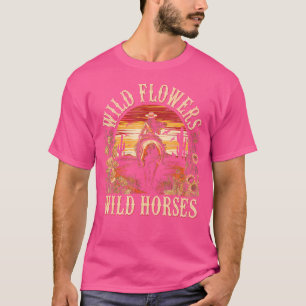 T-shirt Fleurs Chevaux Cowgirl Western Coucher de soleil C