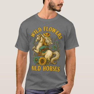 T-shirt Fleurs Chevaux Sauvages Cowgirl Western Cadeaux Vi