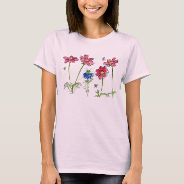 T-shirt Fleurs d'aquarelle Cosmos rose Abeilles de miel (Devant)