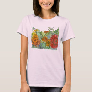 T-shirt Fleurs d'aquarelle de libellules rouges