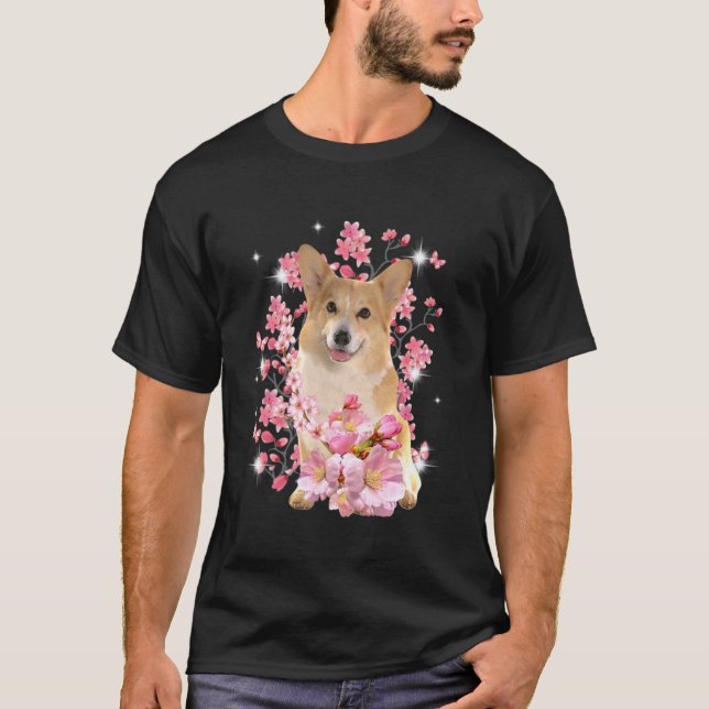 T-shirt Fleurs de cerisier corgi (Devant)