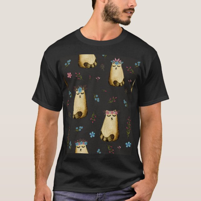 T-shirt Fleurs de chats mignons Motif d'aquarelle (Devant)