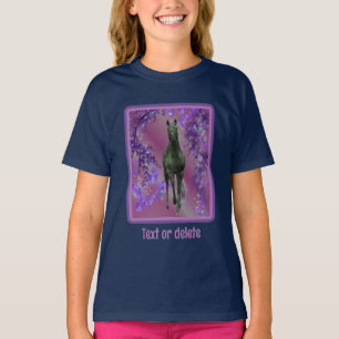 T-shirt Fleurs de licorne noire Imaginaire Cheval Art