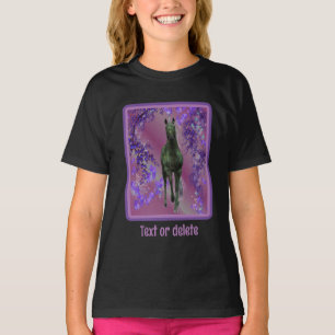 T-shirt Fleurs de licorne noire Imaginaire Cheval Art