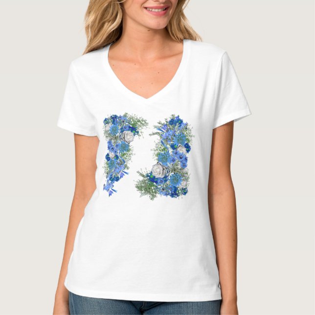 T-shirt Fleurs de maïs bleu et Mariage de roses blanches (Devant)