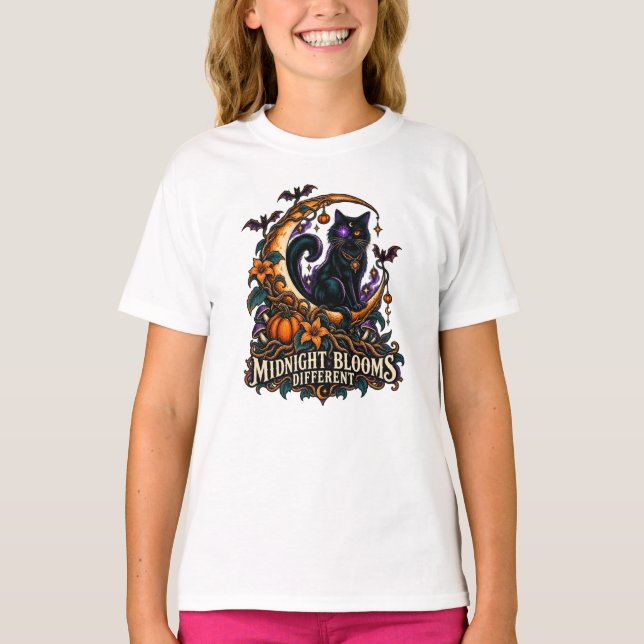 T-shirt Fleurs de minuit Chat noir Halloween (Devant)