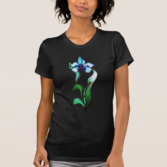 T-shirt Fleurs de néon bleu vert sur noir (Devant)