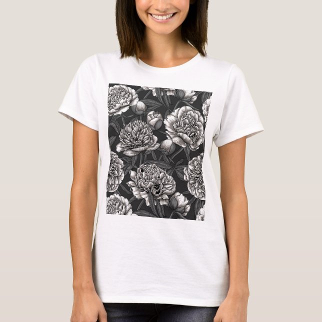 T-shirt Fleurs de pivoines blanches sur gris foncé (Devant)