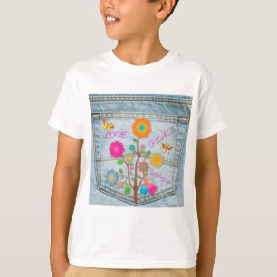 T-shirt Fleurs de poche arrière en denim Paix Amour Espoir