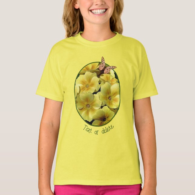 T-shirt Fleurs De Primrose Jaune Et Papillon Personnalisé (Devant)