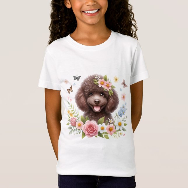 T-Shirt Fleurs de printemps Aquarelle Chocolat Poodle - (Devant)