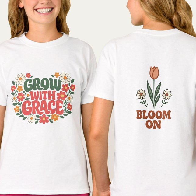 T-shirt Fleurs de Printemps Poussent avec Grâce Rétro (Front & Back Floral Art, Pure Cotton)