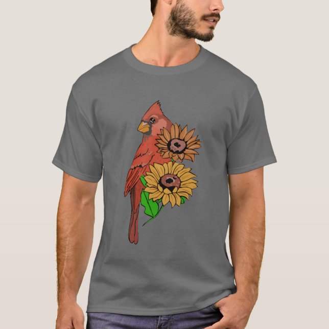 T-shirt Fleurs de soleil Cardinal Oiseaux mignons Filles A (Devant)