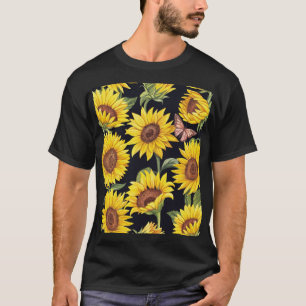 T-shirt Fleurs de soleil, papillons, aquarelle noir