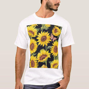 T-shirt Fleurs de soleil, papillons, aquarelle noir
