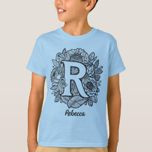 T-shirt Fleurs de style de tatouage monogrammé noir et bla