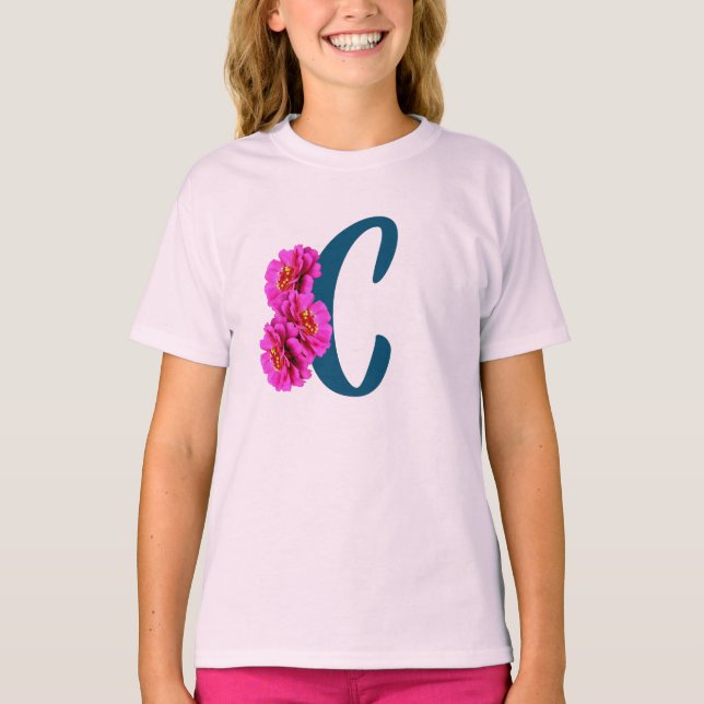 T-shirt Fleurs de Zinnia Monogramme Initiale C  (Devant)