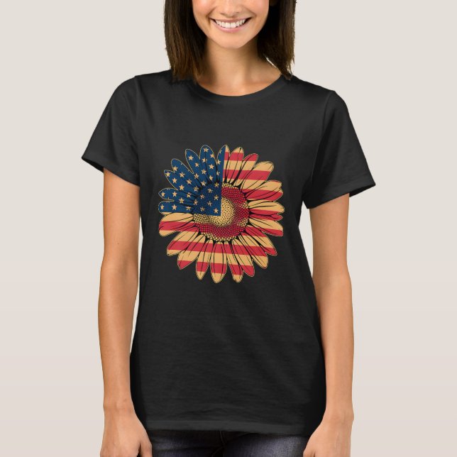 T-shirt Fleurs Décontractées Drapeau Américain Étoiles Et  (Devant)