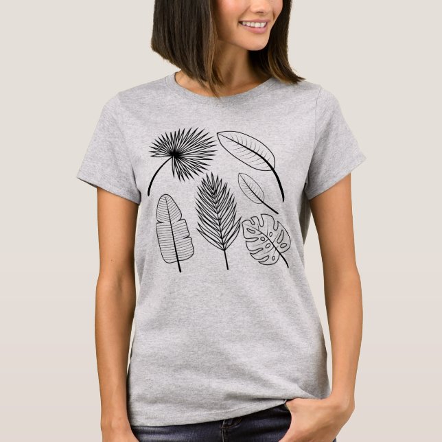 T-shirt Fleurs dessinées Doodles Plantes noir et blanc T (Devant)