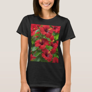 T-shirt Fleurs d'Hibiscus Rouge Vibrantes Avec Feuille-436