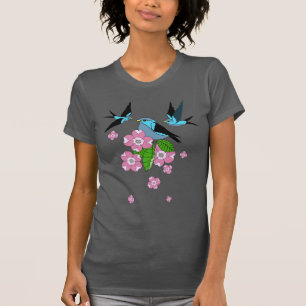 T-shirt Fleurs d'oiseaux bleues et de bois de chien - art