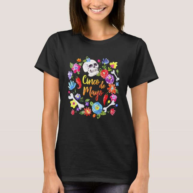 T-shirt Fleurs Du Cinco De Mayo Avec Crâne 5 De Mayo (Devant)