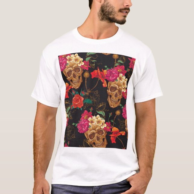 T-shirt Fleurs du crâne : Arrière - plan foncé sans coutur (Devant)