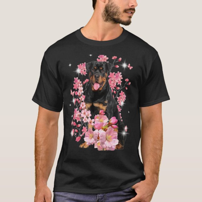 T-shirt Fleurs en fleurs de cerisier Rottweiler (Devant)