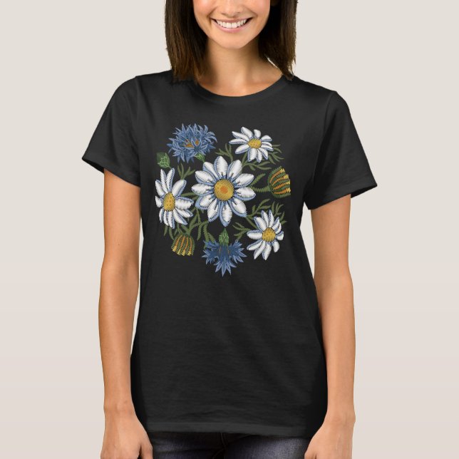 T-shirt Fleurs et bleuets brodés de marguerite (Devant)