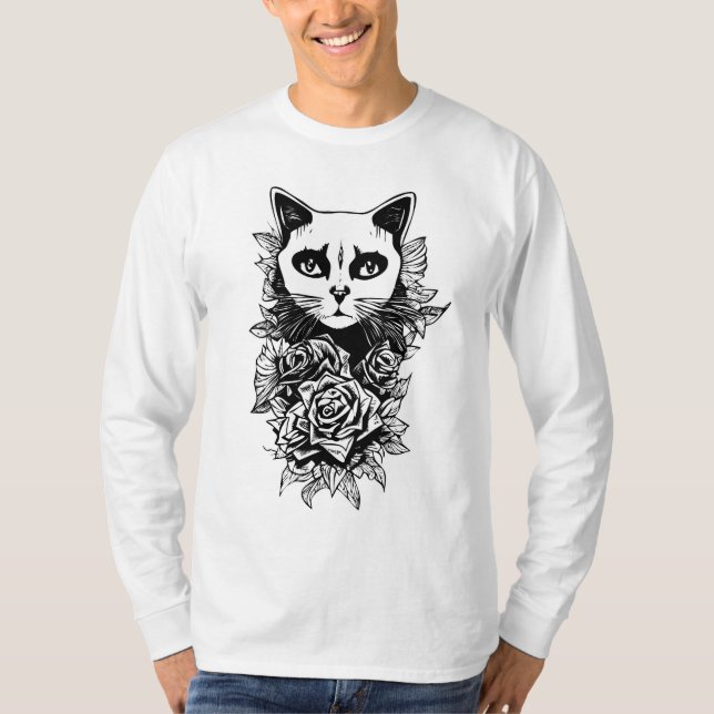 T-shirt Fleurs Et Chat Gothique (Devant)