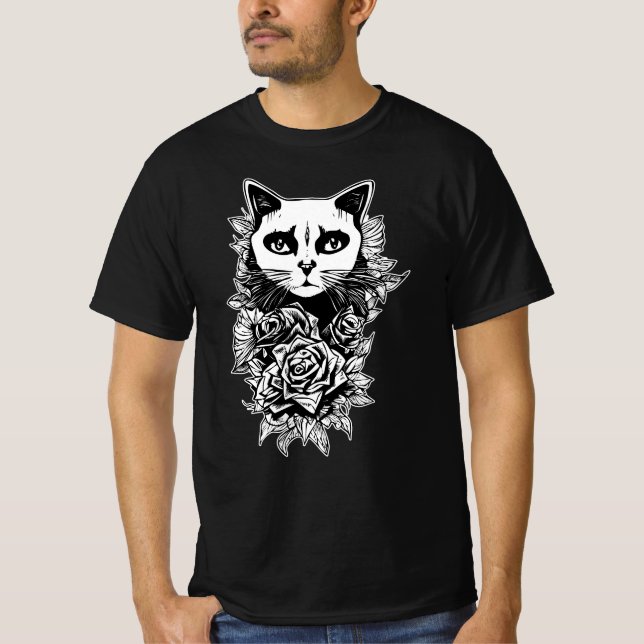 T-shirt Fleurs Et Chat Gothique (Devant)