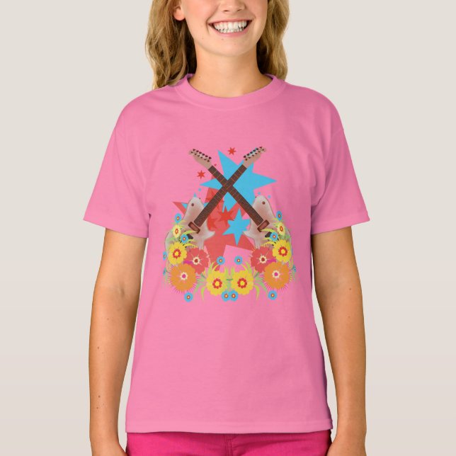 T-shirt Fleurs et guitares roses (Devant)