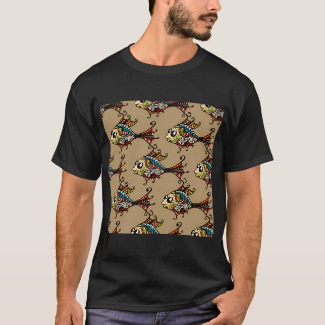 T-shirt Fleurs Exotiques Abstraites Multicolores Poissons  (Devant)