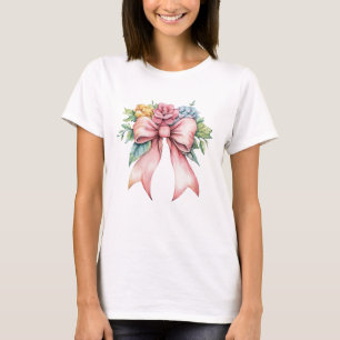 T-shirt Fleurs Florales Aquarelle Ruban Rose Femmes Coquet