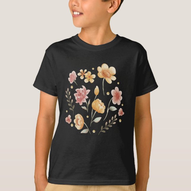 T-shirt Fleurs florales et aquarelle feuille (Devant)