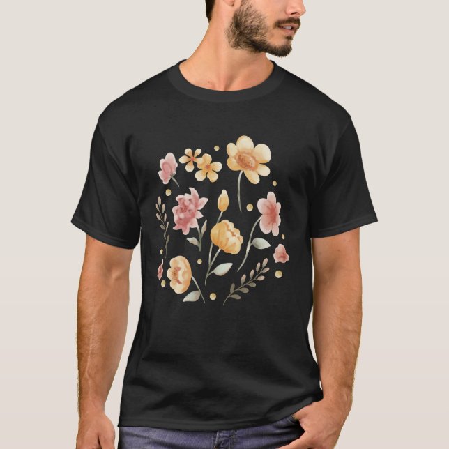 T-shirt Fleurs florales et aquarelle feuille (Devant)