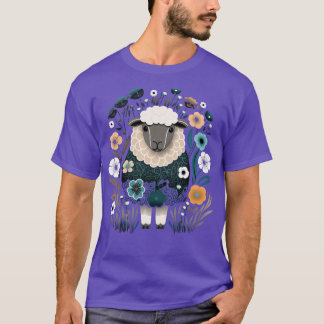 T-shirt Fleurs florales mignonnes moutons dans le jardin B