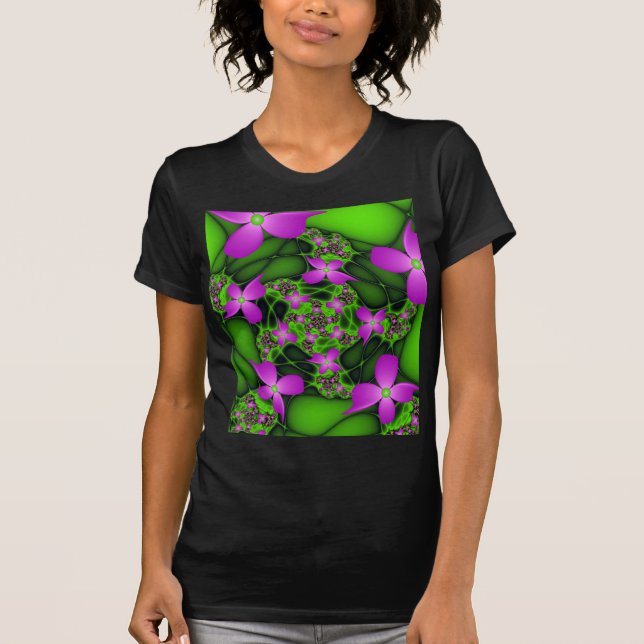 T-shirt Fleurs fractales Abstraites de néon rose vert (Devant)