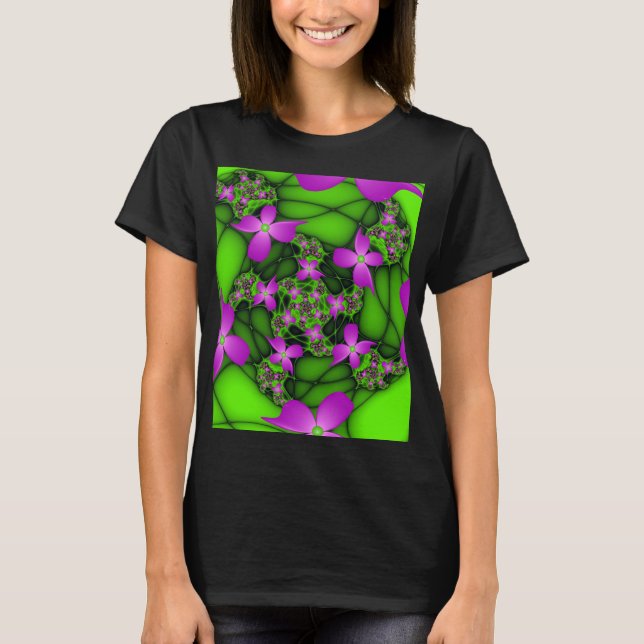 T-shirt Fleurs fractales Abstraites de néon rose vert (Devant)
