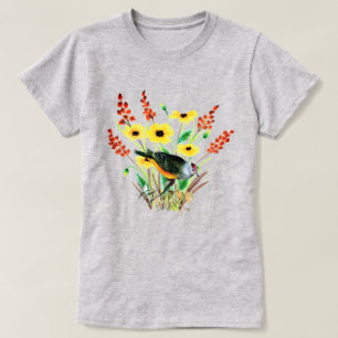 T-shirt Fleurs jaunes à l'aquarelle avec oiseau gris