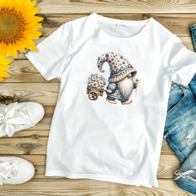 T-shirt Fleurs marguerites Gnome Fil de roue Jardin (Daisy Flowers Gnome with Garden Wheel barrel Women's T-shirt)