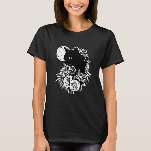 T-shirt Fleurs nocturnes de lune de chat Chats noirs (Devant)